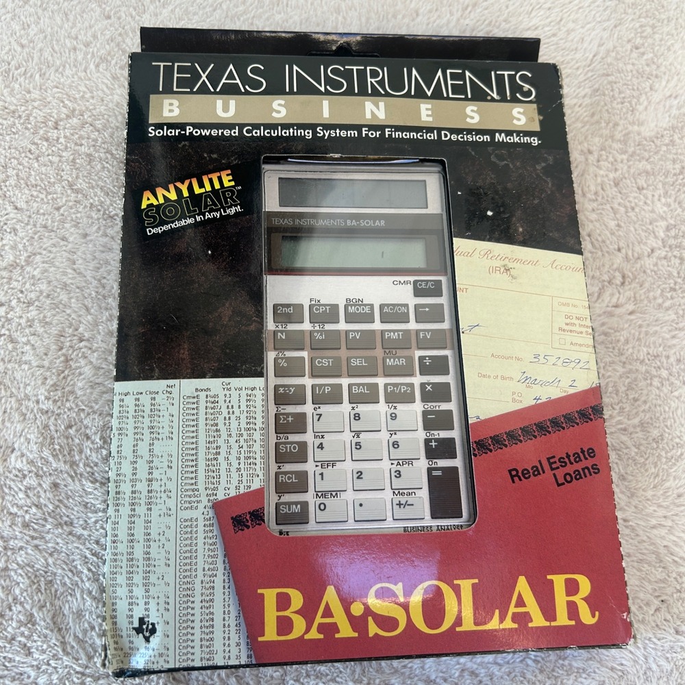 Texas Instruments BA-SOLAR Business Calculator Vintage 1986 Anylite Solar New